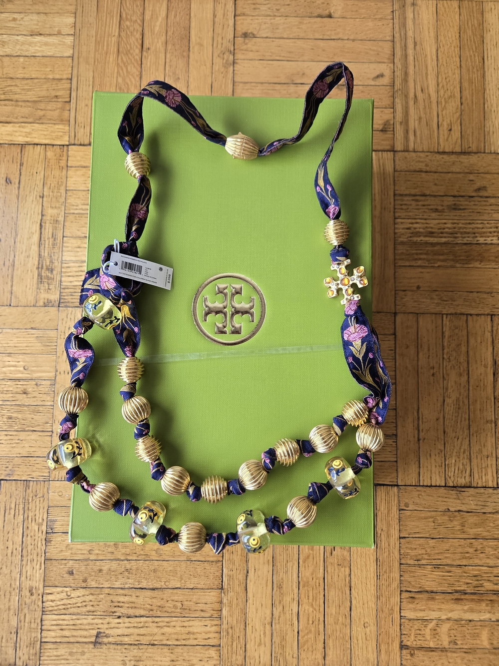 Brand New With Tags Tory Burch Navy Floral Satin and Gold Beaded Necklace
